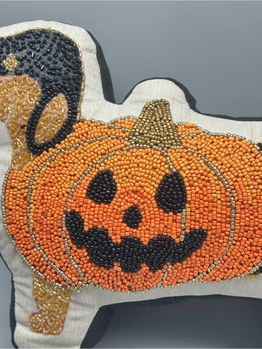 Hallow’s Eve Dachshund Dog Beaded Pillow Jack-o-Lantern Pumpkin Halloween Decor